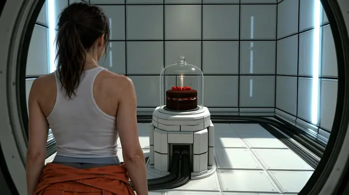 Relight and re-render this exact image as a polished cinematic still in Portal 2's Aperture Science world. Keep the composition, the woman seen from behind with her dark ponytail, white tank top and orange jumpsuit…