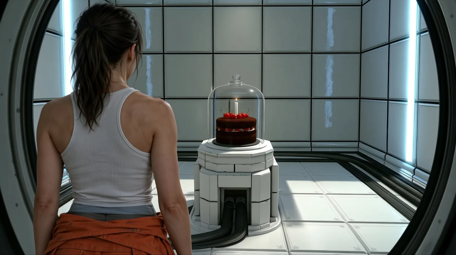 Relight and re-render this exact image as a polished cinematic still in Portal 2's Aperture Science world. Keep the composition, the woman seen from behind with her dark ponytail, white tank top and orange jumpsuit…