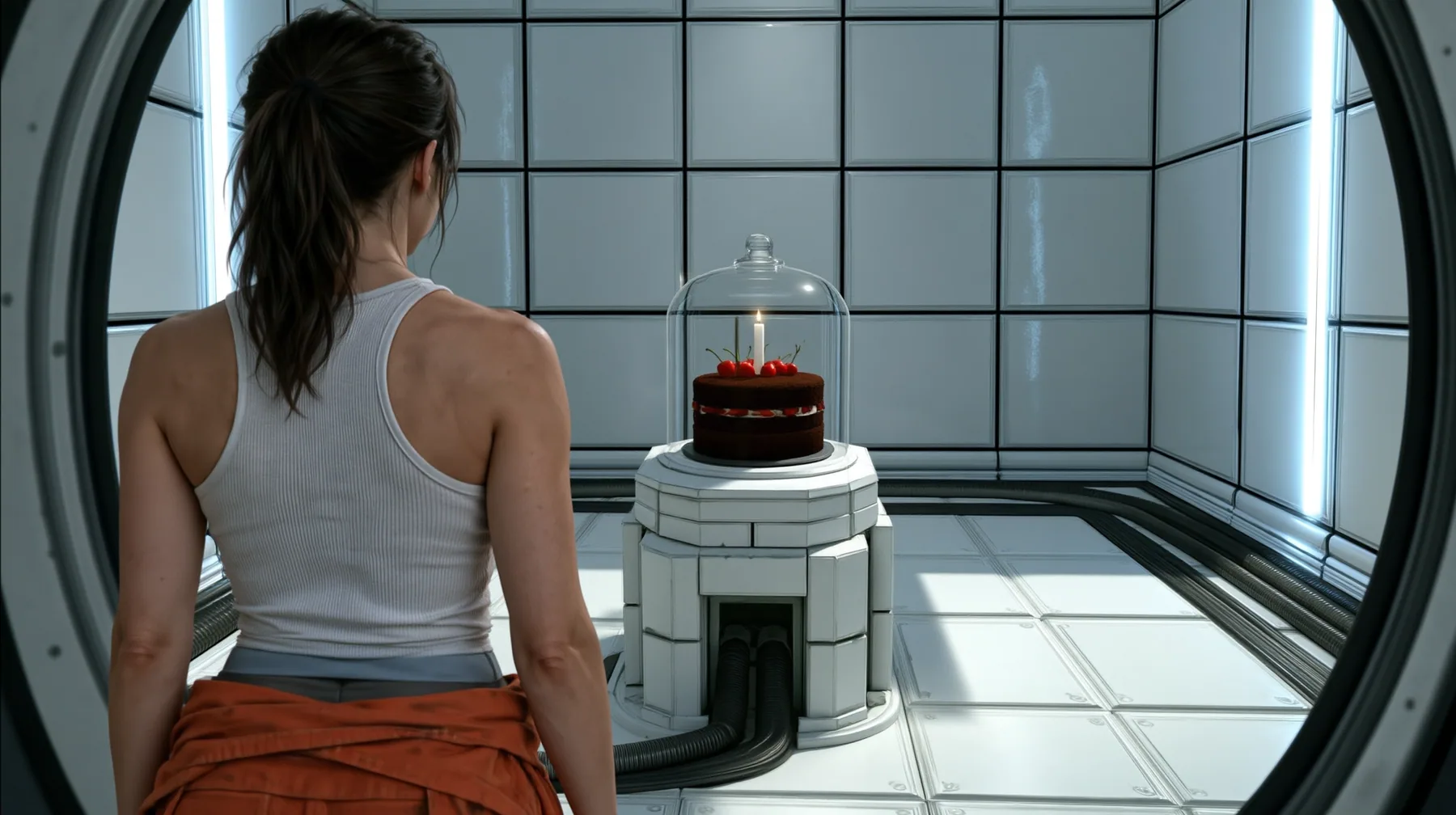 Relight and re-render this exact image as a polished cinematic still in Portal 2's Aperture Science world. Keep the composition, the woman seen from behind with her dark ponytail, white tank top and orange jumpsuit…