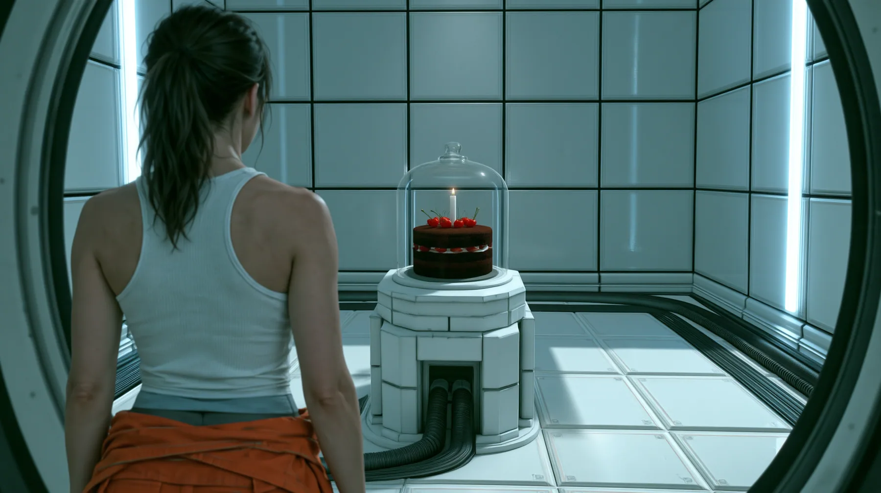 Re-render and relight this exact image as a polished cinematic still in Portal 2's Aperture Science world. Keep the composition, the woman seen from behind with her dark ponytail, white tank top and orange jumpsuit…