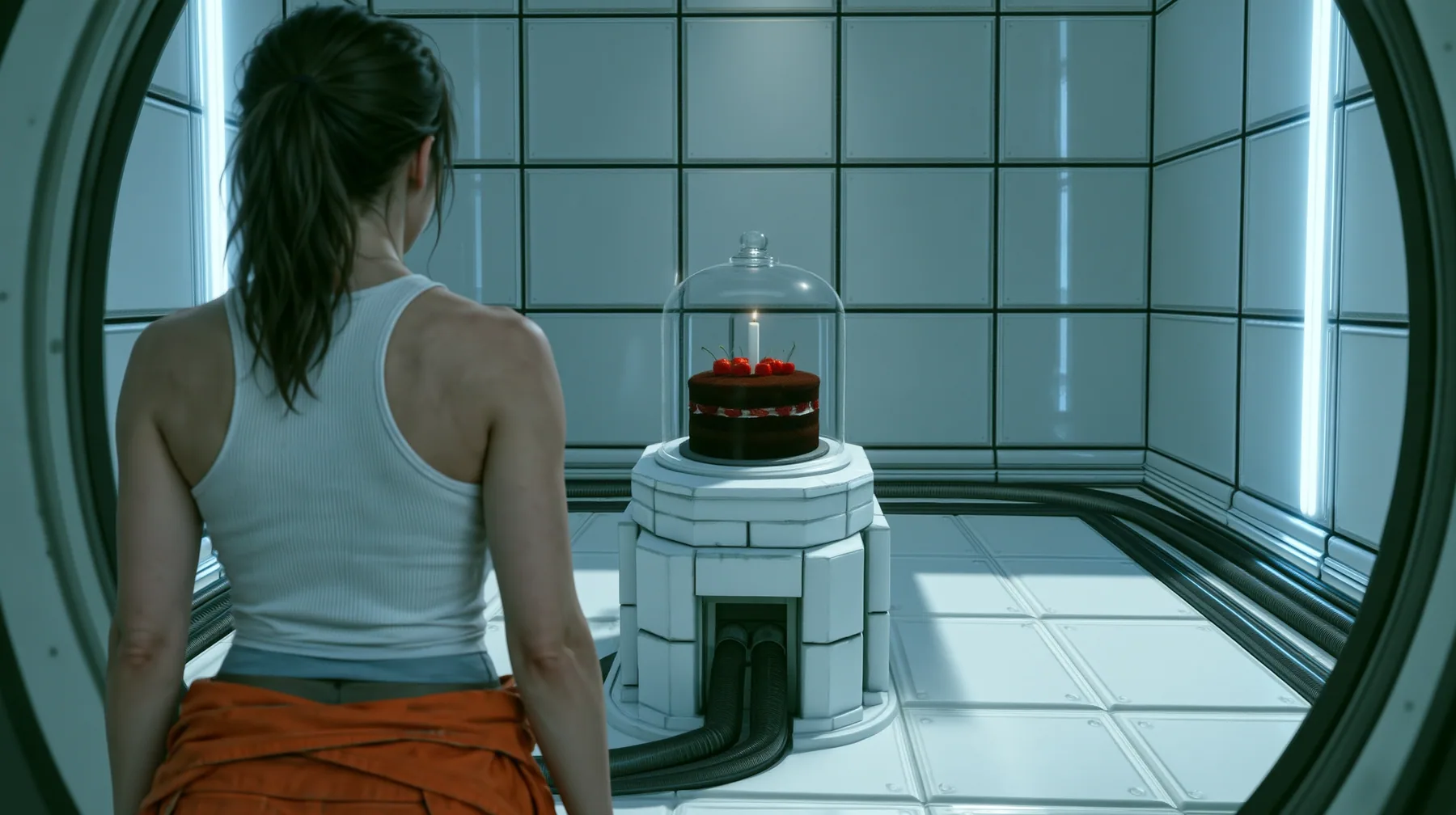 Re-render and relight this exact image as a polished cinematic still in Portal 2's Aperture Science world. Keep the composition, the woman seen from behind with her dark ponytail, white tank top and orange jumpsuit…