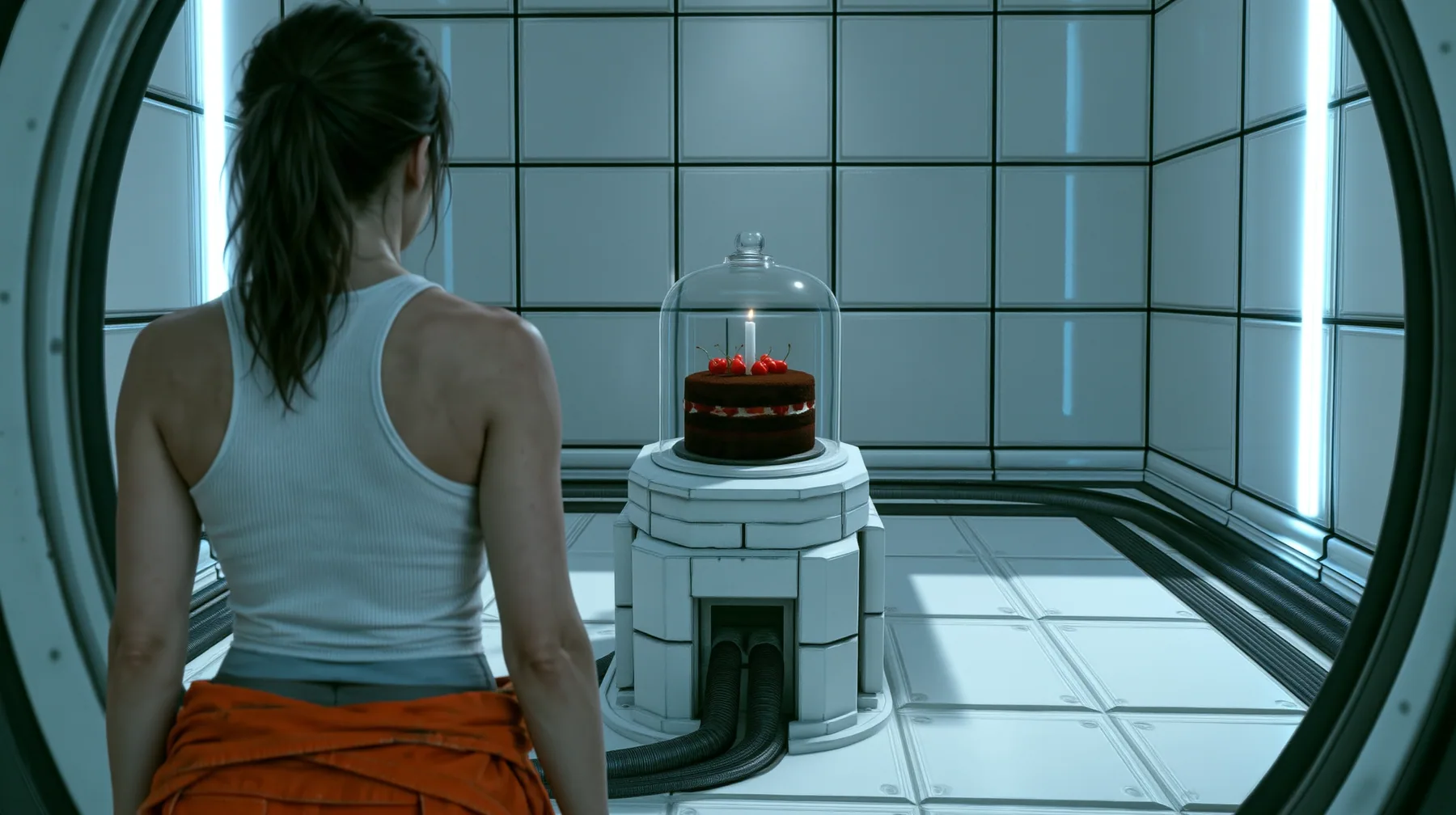 Re-render and relight this exact image as a polished cinematic still in Portal 2's Aperture Science world. Keep the composition, the woman seen from behind with her dark ponytail, white tank top and orange jumpsuit…