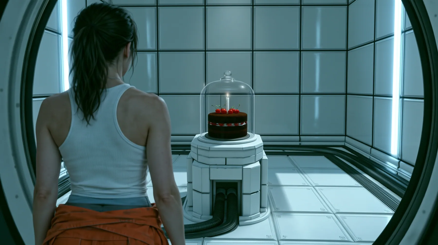 Re-render and relight this exact image as a polished cinematic still in Portal 2's Aperture Science world. Keep the composition, the woman seen from behind with her dark ponytail, white tank top and orange jumpsuit…