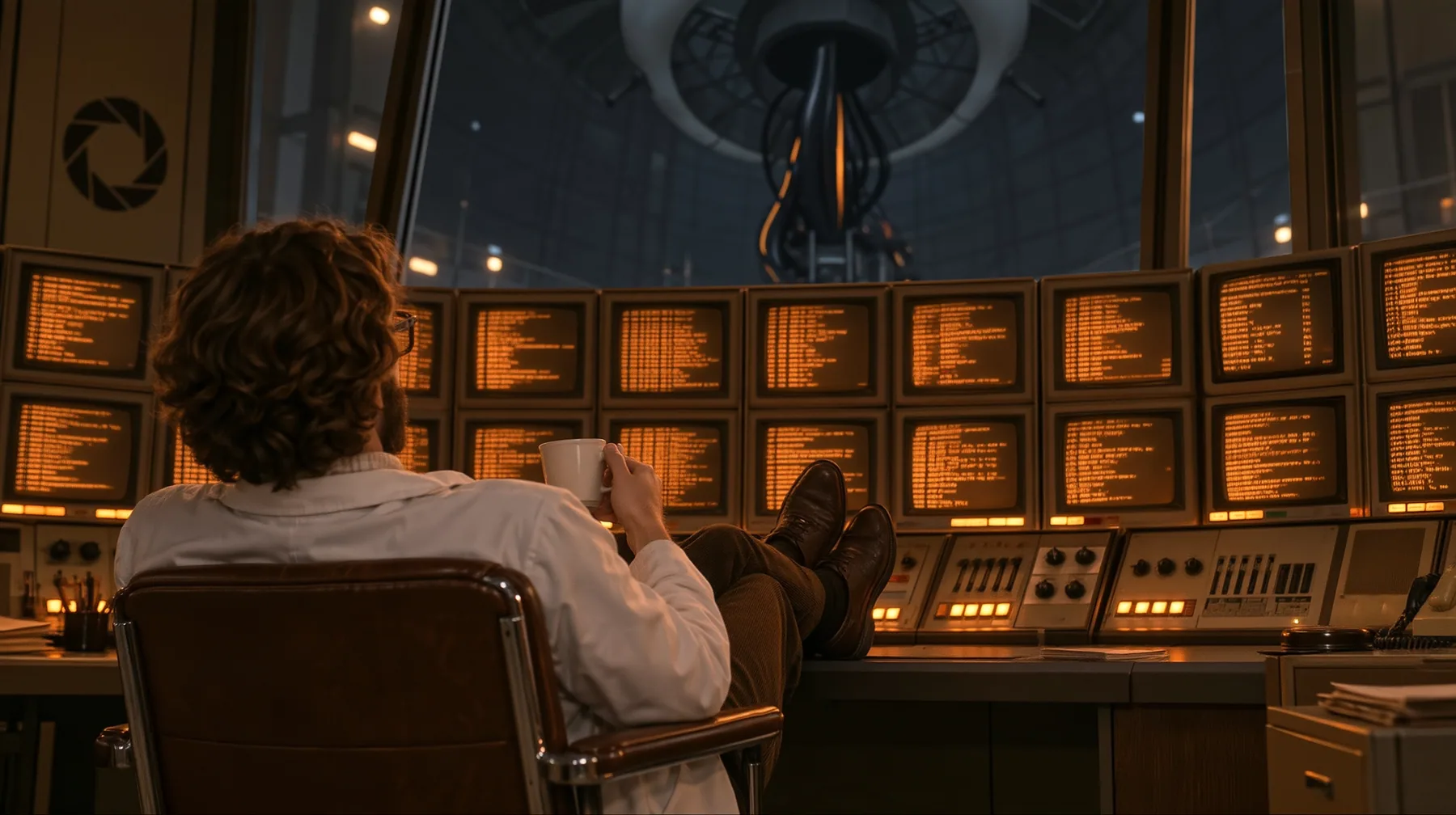 Relight and re-render this exact image as a polished cinematic still in Portal 2's Aperture Science world. Keep the composition, the scientist seen from behind in his chair with his coffee and his feet up on the…