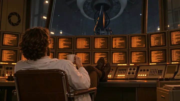 Relight and re-render this exact image as a polished cinematic still in Portal 2's Aperture Science world. Keep the composition, the scientist seen from behind in his chair with his coffee and his feet up on the…