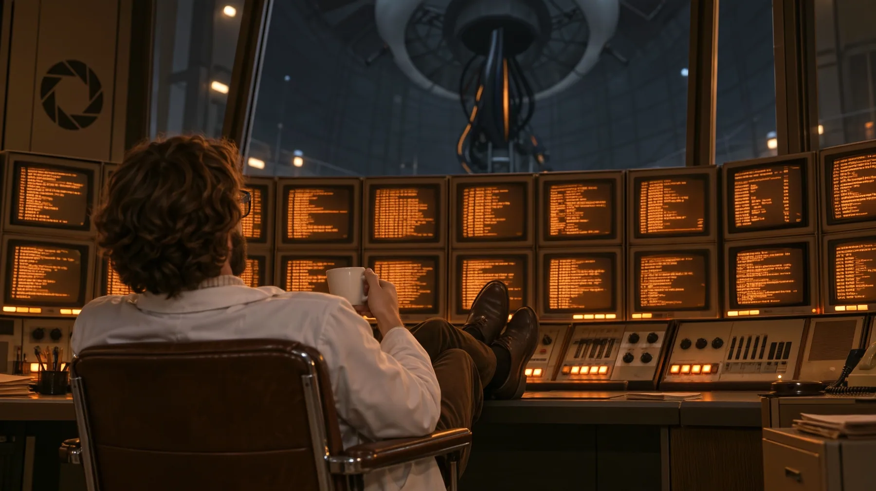 Relight and re-render this exact image as a polished cinematic still in Portal 2's Aperture Science world. Keep the composition, the scientist seen from behind in his chair with his coffee and his feet up on the…