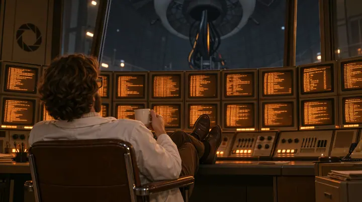Relight and re-render this exact image as a polished cinematic still in Portal 2's Aperture Science world. Keep the composition, the scientist seen from behind in his chair with his coffee and his feet up on the…