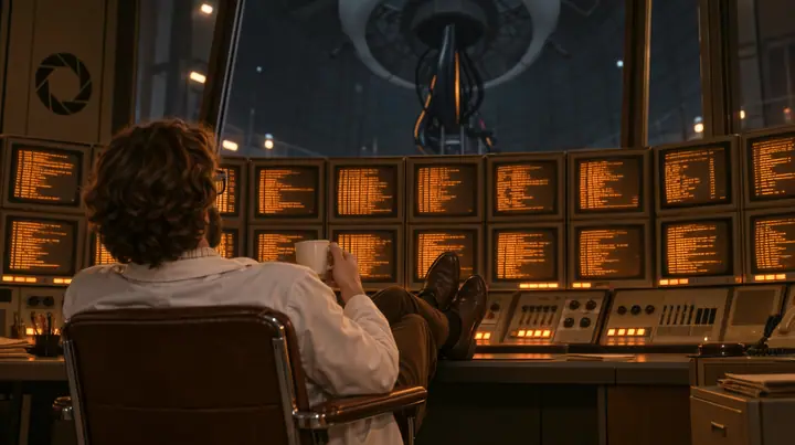 Relight and re-render this exact image as a polished cinematic still in Portal 2's Aperture Science world. Keep the composition, the scientist seen from behind in his chair with his coffee and his feet up on the…