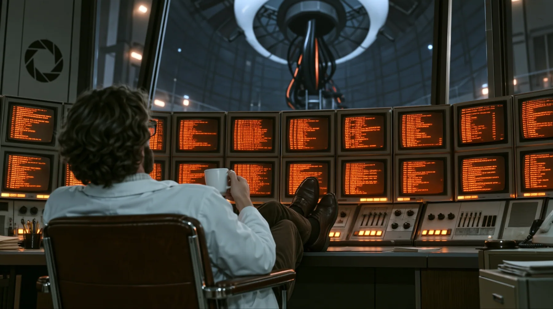 Re-render and relight this exact image as a polished cinematic still in Portal 2's Aperture Science world. Keep the composition, the scientist seen from behind in his chair with his coffee and his feet up on the…