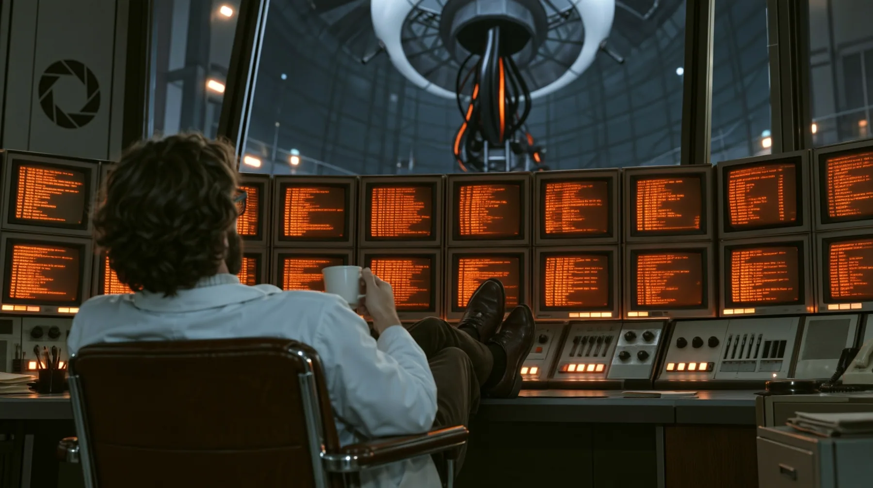 Re-render and relight this exact image as a polished cinematic still in Portal 2's Aperture Science world. Keep the composition, the scientist seen from behind in his chair with his coffee and his feet up on the…