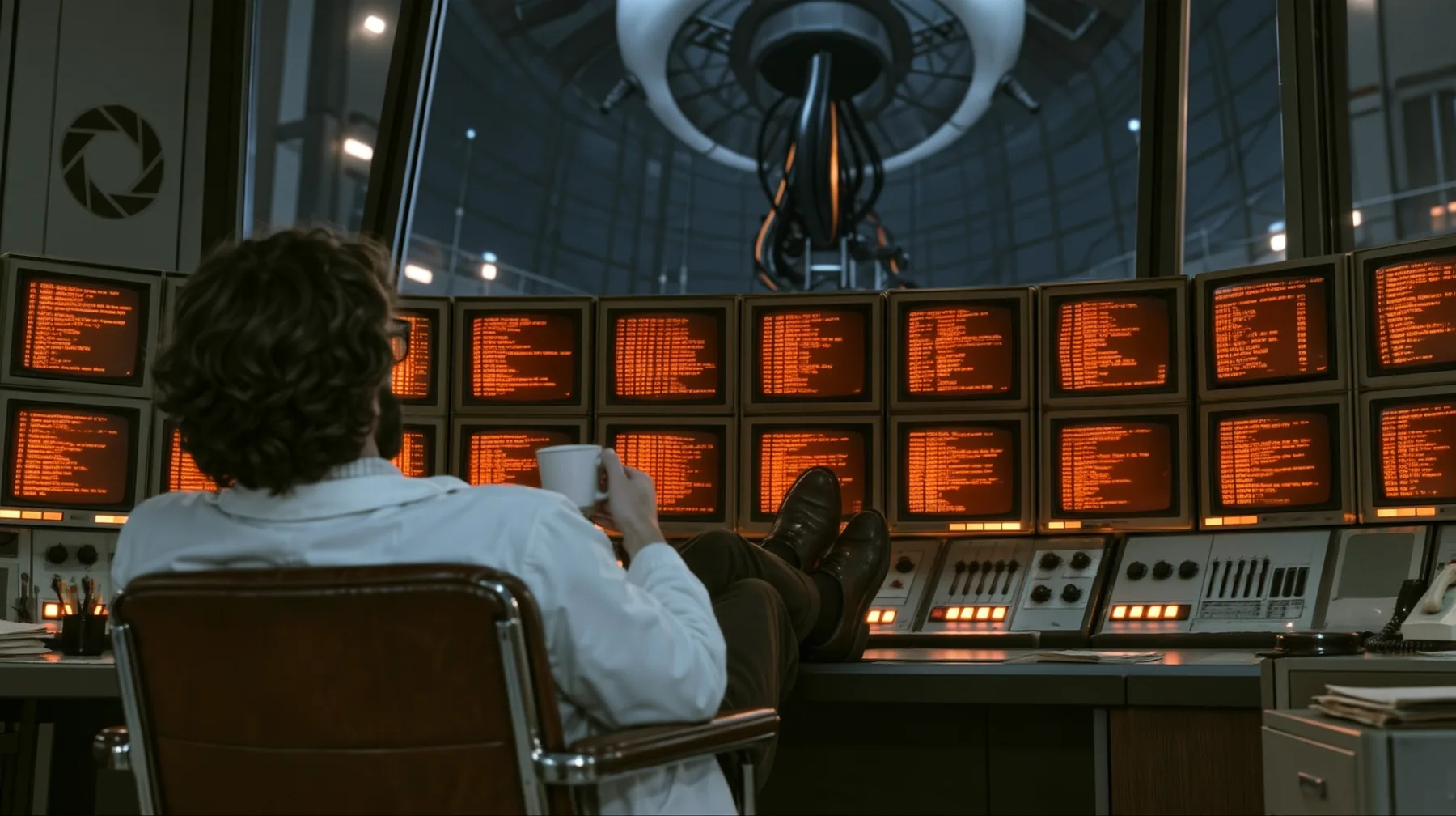 Re-render and relight this exact image as a polished cinematic still in Portal 2's Aperture Science world. Keep the composition, the scientist seen from behind in his chair with his coffee and his feet up on the…
