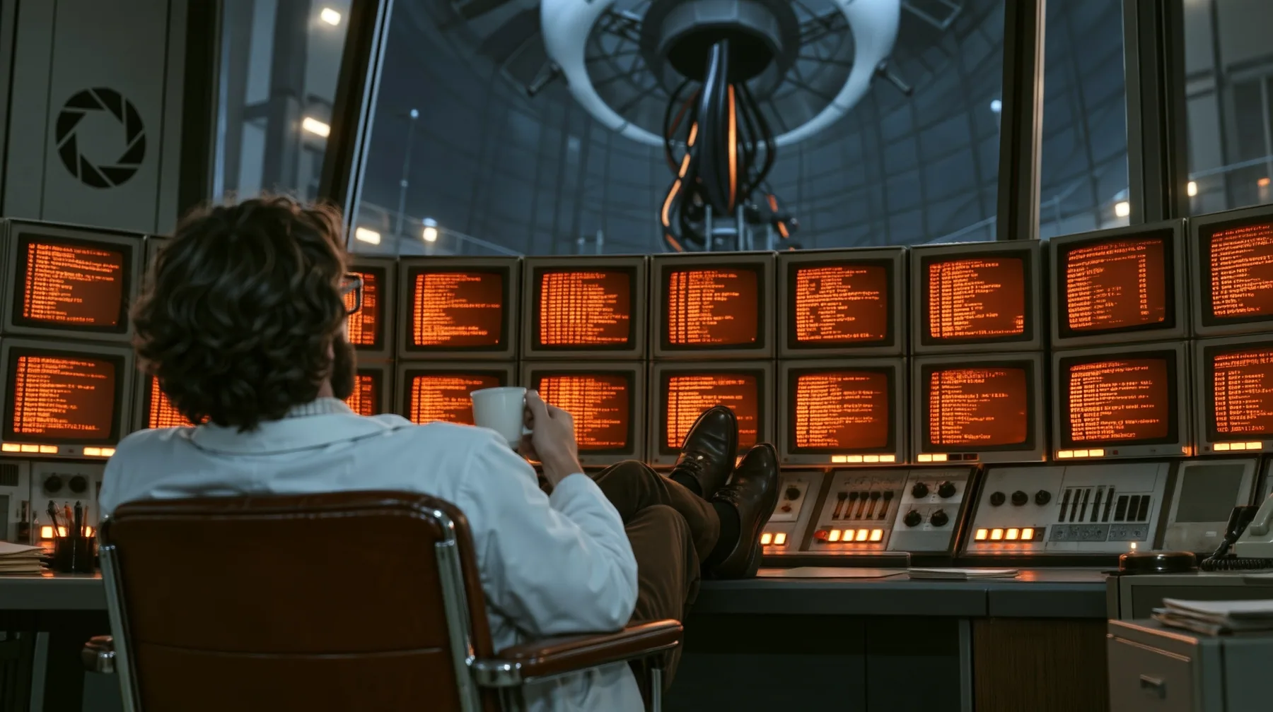 Re-render and relight this exact image as a polished cinematic still in Portal 2's Aperture Science world. Keep the composition, the scientist seen from behind in his chair with his coffee and his feet up on the…