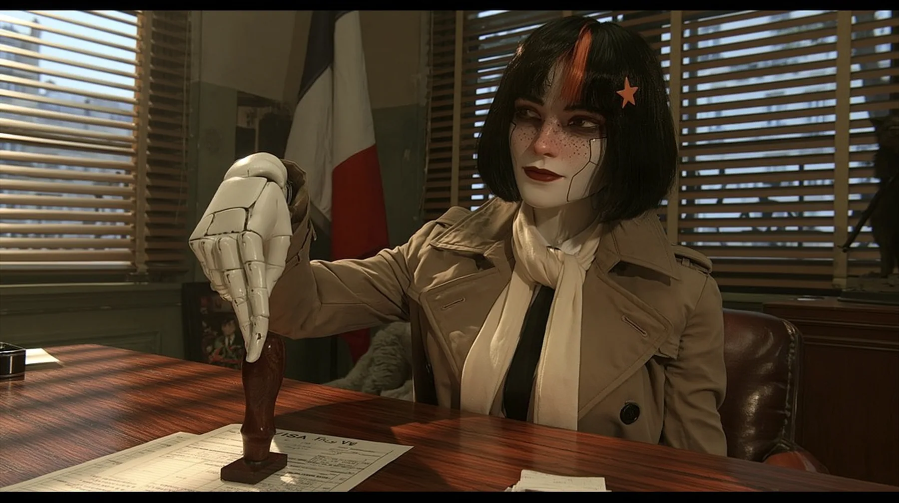 cinematic film still in a 1960s Paris visa office: across a wooden desk a porcelain-white female android with a 28-year-old Caucasian woman's face, light freckles, fine panel seams on her porcelain cheeks, glossy…