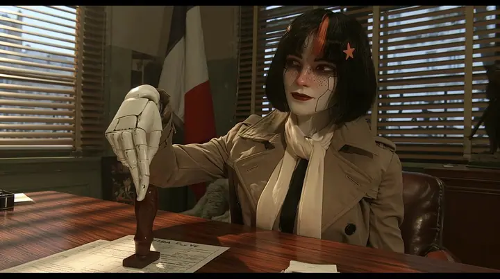 cinematic film still in a 1960s Paris visa office: across a wooden desk a porcelain-white female android with a 28-year-old Caucasian woman's face, light freckles, fine panel seams on her porcelain cheeks, glossy…