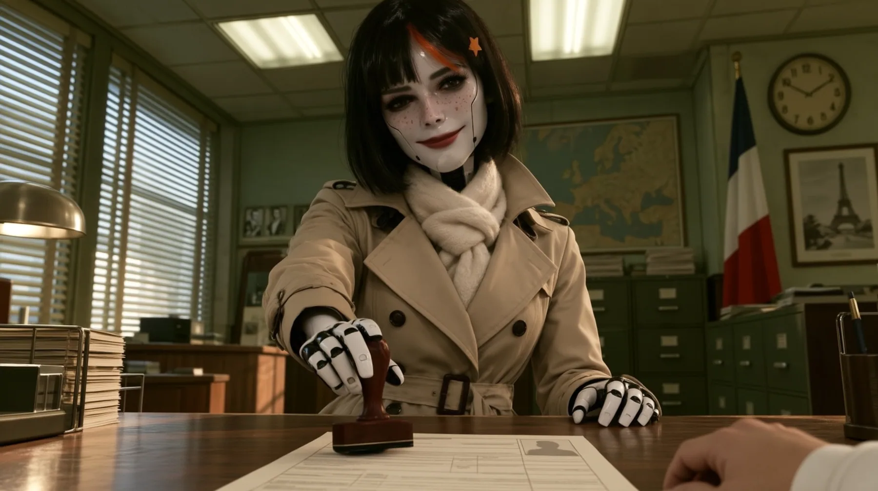Reimagine this shot as a bold cinematic film still with a new lens, new light, depth and materials and a richer 1960s Paris office set. Keep the porcelain android with her freckled porcelain face, panel seams, black…
