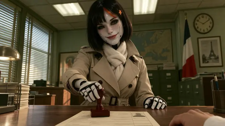 Reimagine this shot as a bold cinematic film still with a new lens, new light, depth and materials and a richer 1960s Paris office set. Keep the porcelain android with her freckled porcelain face, panel seams, black…