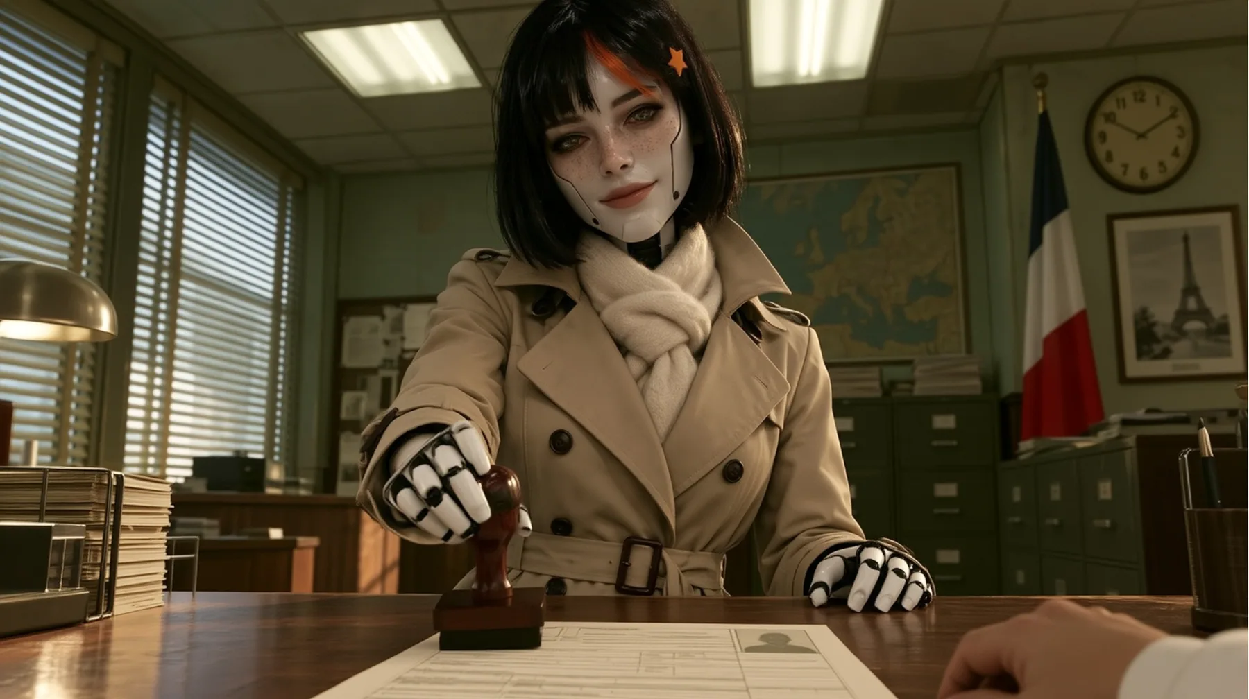 Reimagine this shot as a bold cinematic film still with a new lens, new light, depth and materials and a richer 1960s Paris office set. Keep the porcelain android with her freckled porcelain face, panel seams, black…