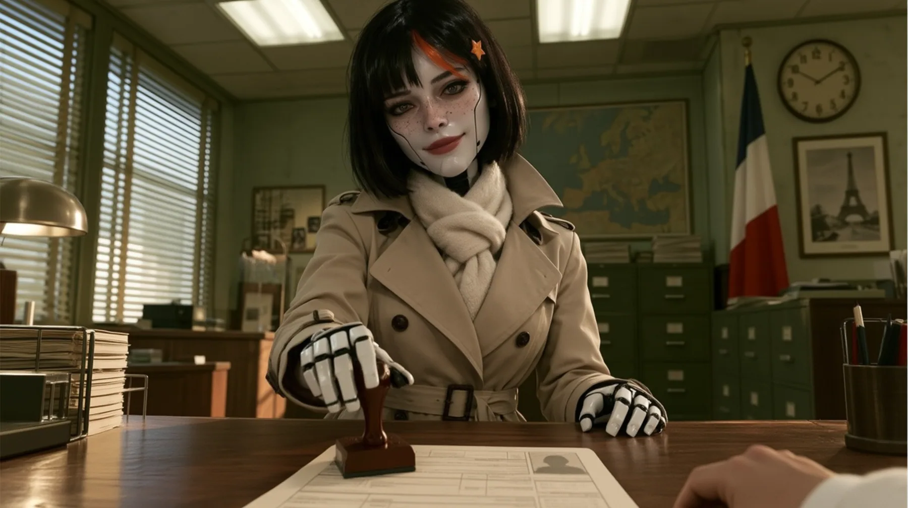 Reimagine this shot as a bold cinematic film still with a new lens, new light, depth and materials and a richer 1960s Paris office set. Keep the porcelain android with her freckled porcelain face, panel seams, black…