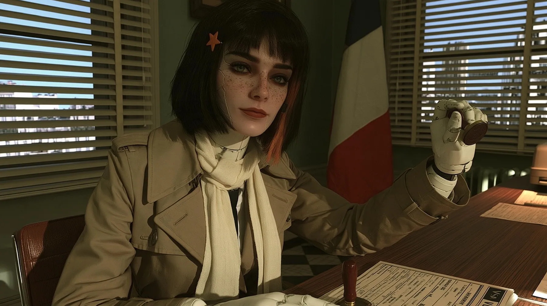 cinematic film still in a 1960s Paris visa office: across a wooden desk a porcelain-white female android with a 28-year-old Caucasian woman's face, light freckles, fine panel seams on her porcelain cheeks, glossy…