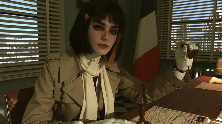 cinematic film still in a 1960s Paris visa office: across a wooden desk a porcelain-white female android with a 28-year-old Caucasian woman's face, light freckles, fine panel seams on her porcelain cheeks, glossy…