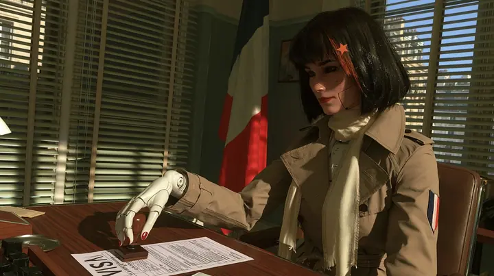 cinematic film still in a 1960s Paris visa office: across a wooden desk a porcelain-white female android with a 28-year-old Caucasian woman's face, light freckles, fine panel seams on her porcelain cheeks, glossy…