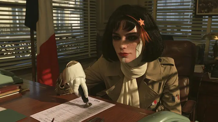 cinematic film still in a 1960s Paris visa office: across a wooden desk a porcelain-white female android with a 28-year-old Caucasian woman's face, light freckles, fine panel seams on her porcelain cheeks, glossy…