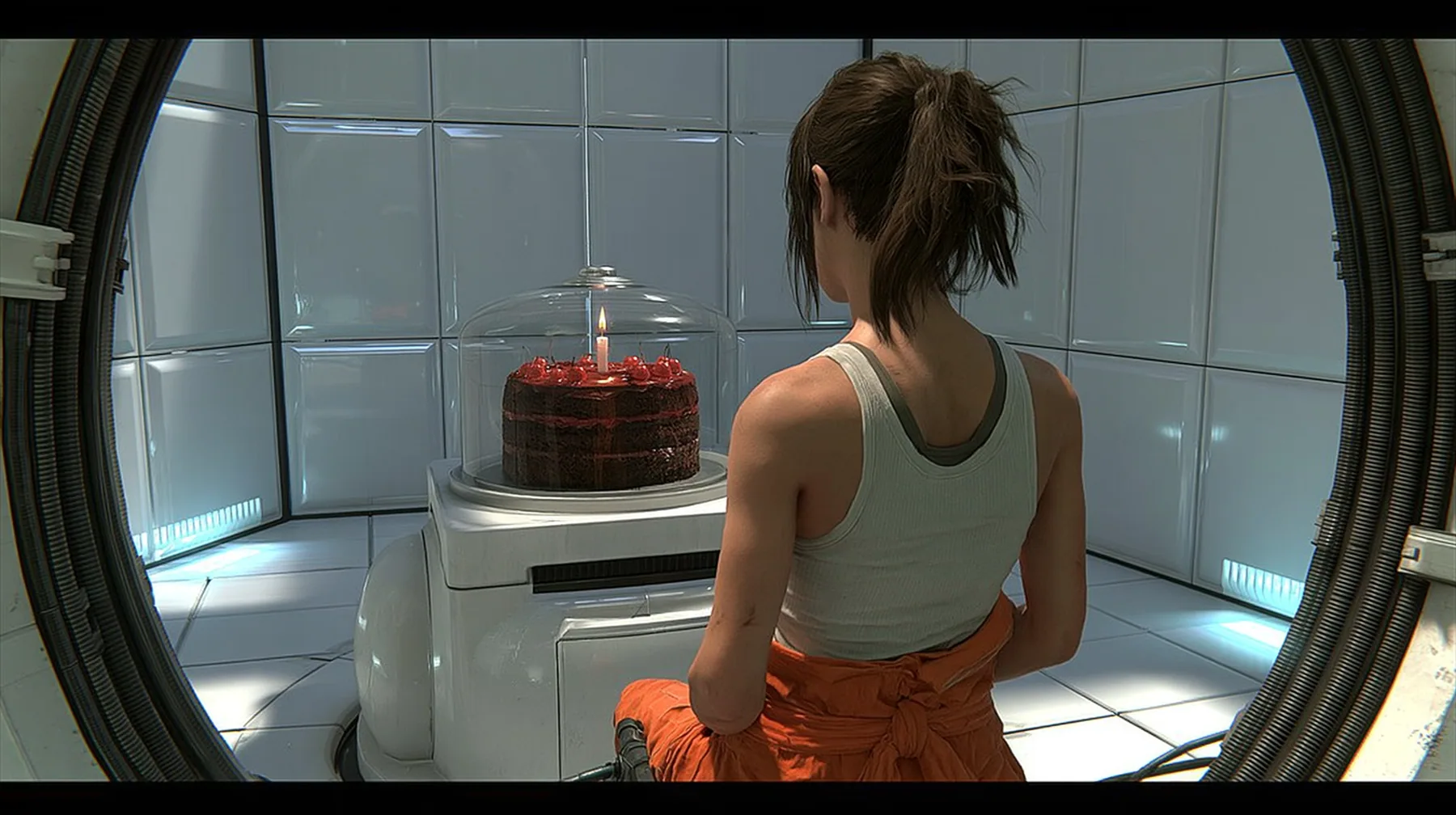 cinematic film still over her shoulder: a woman seen from behind, dark brown hair in a messy ponytail, white tank top, orange jumpsuit tied at the waist, stands in a round doorway looking into a clean white panelled…