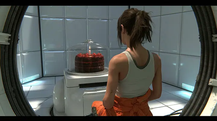 cinematic film still over her shoulder: a woman seen from behind, dark brown hair in a messy ponytail, white tank top, orange jumpsuit tied at the waist, stands in a round doorway looking into a clean white panelled…