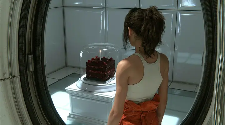 cinematic film still over her shoulder: a woman seen from behind, dark brown hair in a messy ponytail, white tank top, orange jumpsuit tied at the waist, stands in a round doorway looking into a clean white panelled…