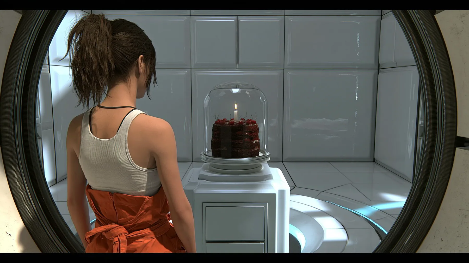 cinematic film still over her shoulder: a woman seen from behind, dark brown hair in a messy ponytail, white tank top, orange jumpsuit tied at the waist, stands in a round doorway looking into a clean white panelled…