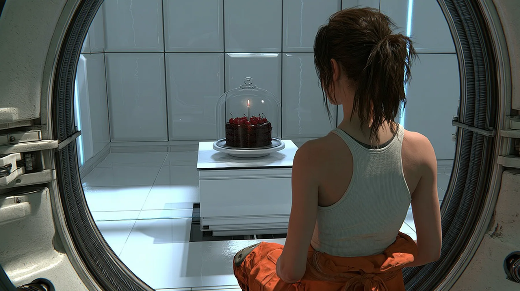 cinematic film still over her shoulder: a woman seen from behind, dark brown hair in a messy ponytail, white tank top, orange jumpsuit tied at the waist, stands in a round doorway looking into a clean white panelled…