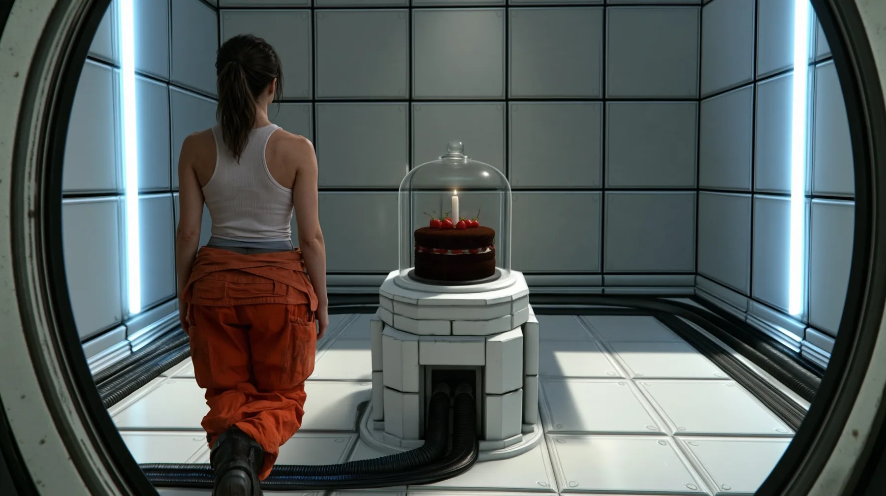 Reimagine this shot as a bold glossy cinematic film still with a new lens, new light, depth and materials and a richer Portal 2 test chamber. Keep the woman seen from behind with her ponytail, white tank top and tied…