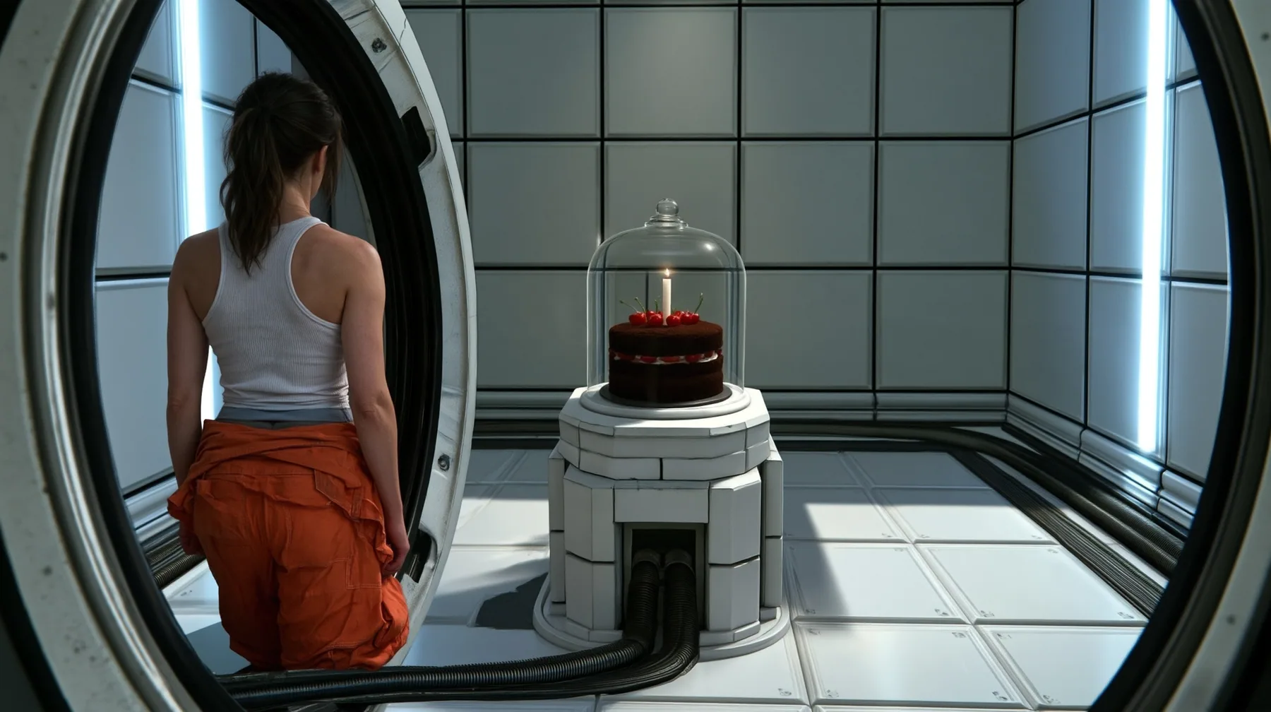 Reimagine this shot as a bold glossy cinematic film still with a new lens, new light, depth and materials and a richer Portal 2 test chamber. Keep the woman seen from behind with her ponytail, white tank top and tied…
