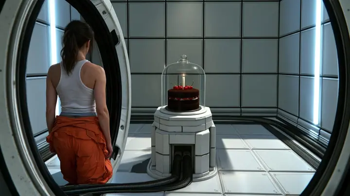 Reimagine this shot as a bold glossy cinematic film still with a new lens, new light, depth and materials and a richer Portal 2 test chamber. Keep the woman seen from behind with her ponytail, white tank top and tied…