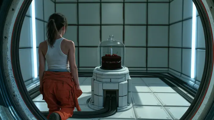 Reimagine this shot as a bold glossy cinematic film still with a new lens, new light, depth and materials and a richer Portal 2 test chamber. Keep the woman seen from behind with her ponytail, white tank top and tied…