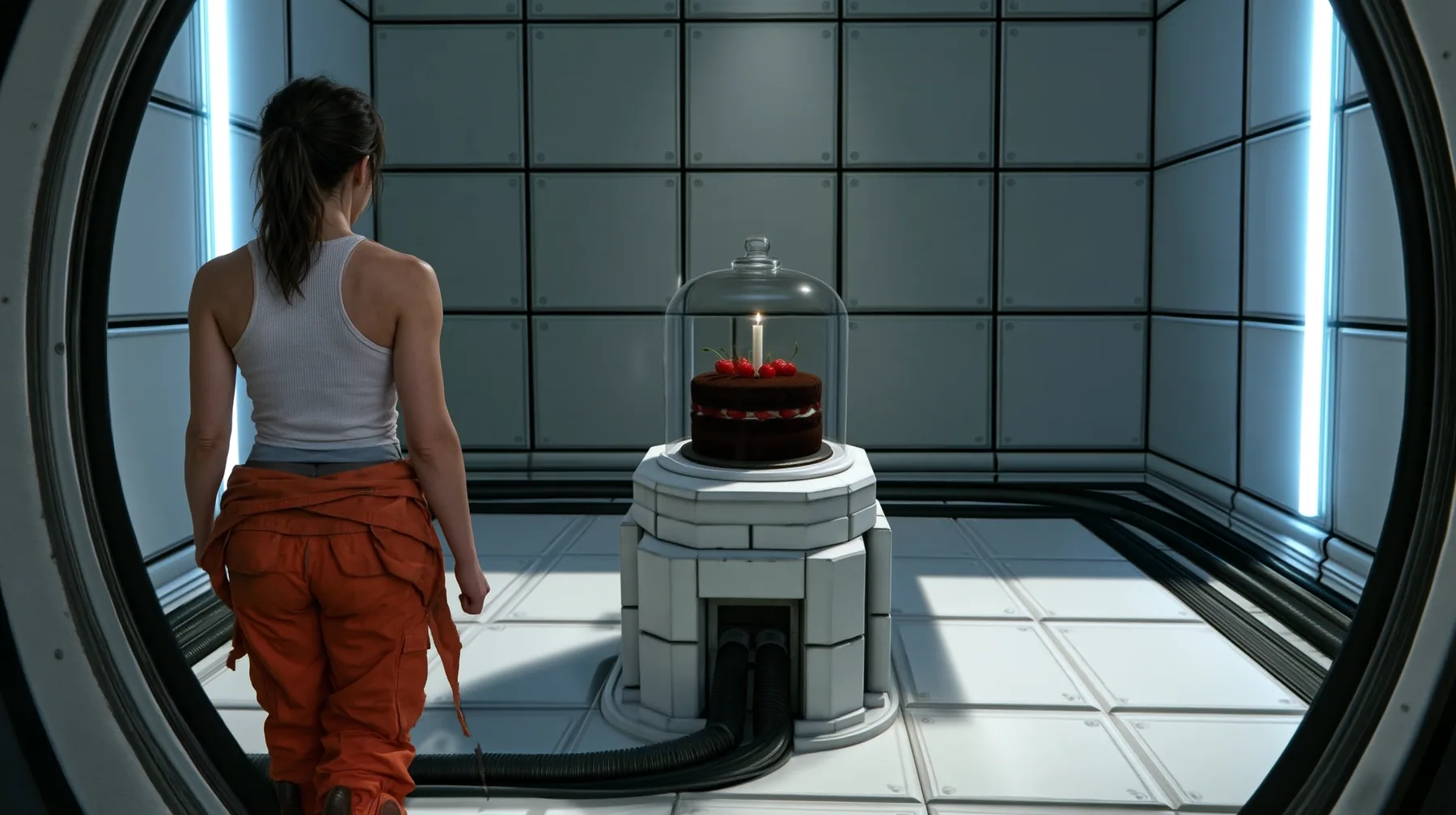 Reimagine this shot as a bold glossy cinematic film still with a new lens, new light, depth and materials and a richer Portal 2 test chamber. Keep the woman seen from behind with her ponytail, white tank top and tied…