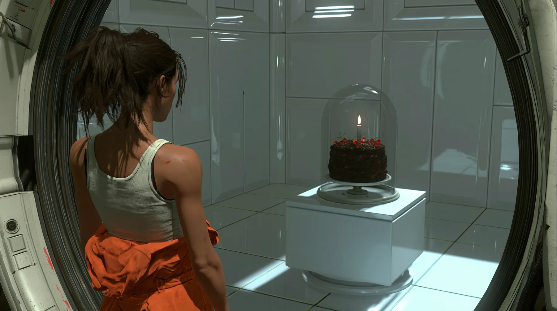 cinematic film still over her shoulder: a woman seen from behind, dark brown hair in a messy ponytail, white tank top, orange jumpsuit tied at the waist, stands in a round doorway looking into a clean white panelled…