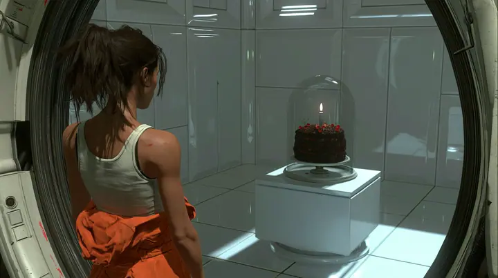 cinematic film still over her shoulder: a woman seen from behind, dark brown hair in a messy ponytail, white tank top, orange jumpsuit tied at the waist, stands in a round doorway looking into a clean white panelled…