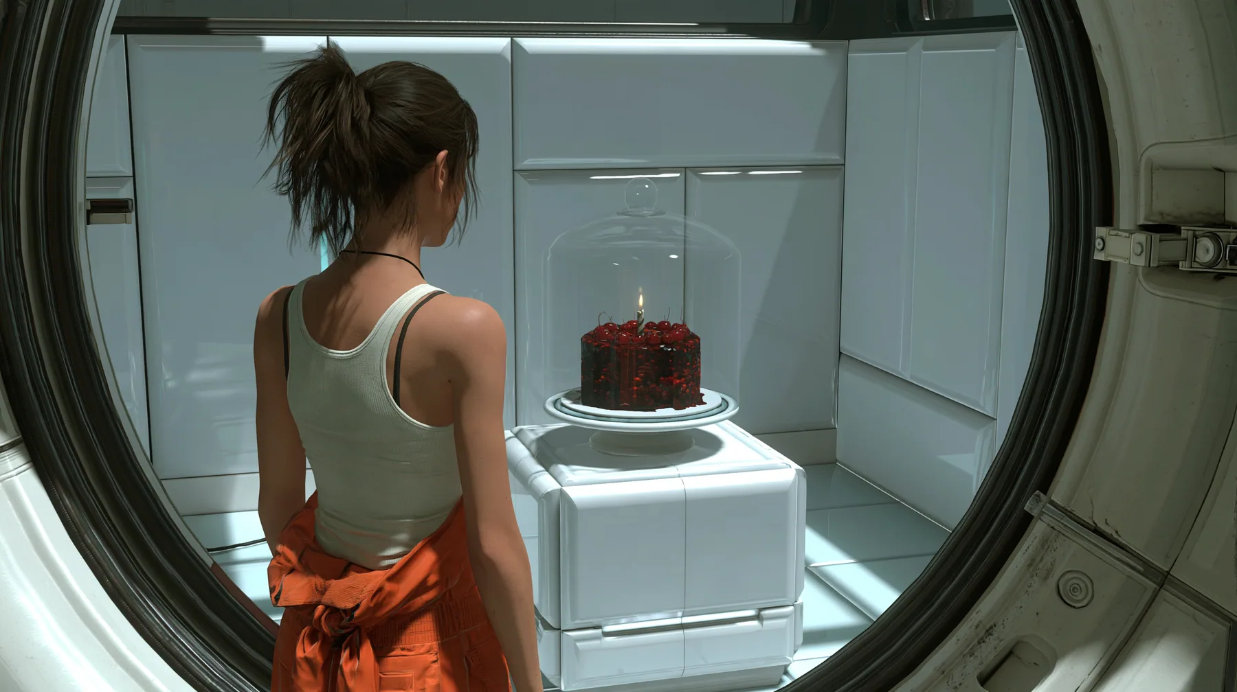 cinematic film still over her shoulder: a woman seen from behind, dark brown hair in a messy ponytail, white tank top, orange jumpsuit tied at the waist, stands in a round doorway looking into a clean white panelled…