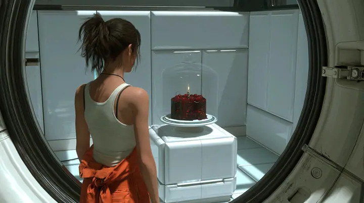 cinematic film still over her shoulder: a woman seen from behind, dark brown hair in a messy ponytail, white tank top, orange jumpsuit tied at the waist, stands in a round doorway looking into a clean white panelled…