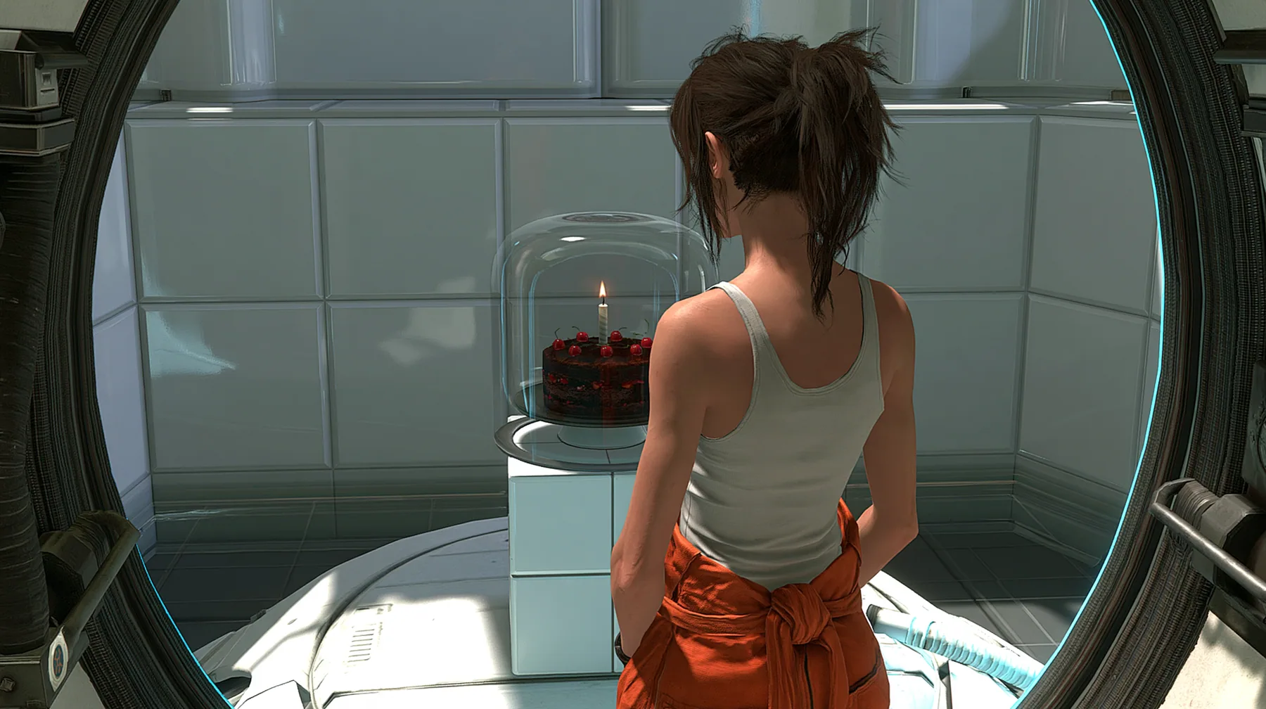cinematic film still over her shoulder: a woman seen from behind, dark brown hair in a messy ponytail, white tank top, orange jumpsuit tied at the waist, stands in a round doorway looking into a clean white panelled…