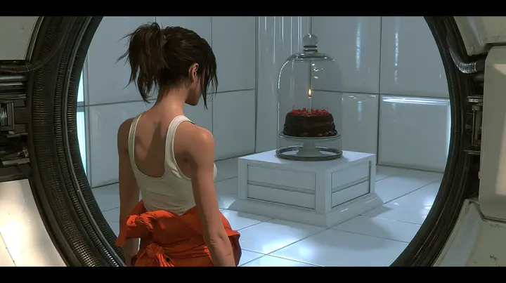 cinematic film still over her shoulder: a woman seen from behind, dark brown hair in a messy ponytail, white tank top, orange jumpsuit tied at the waist, stands in a round doorway looking into a clean white panelled…