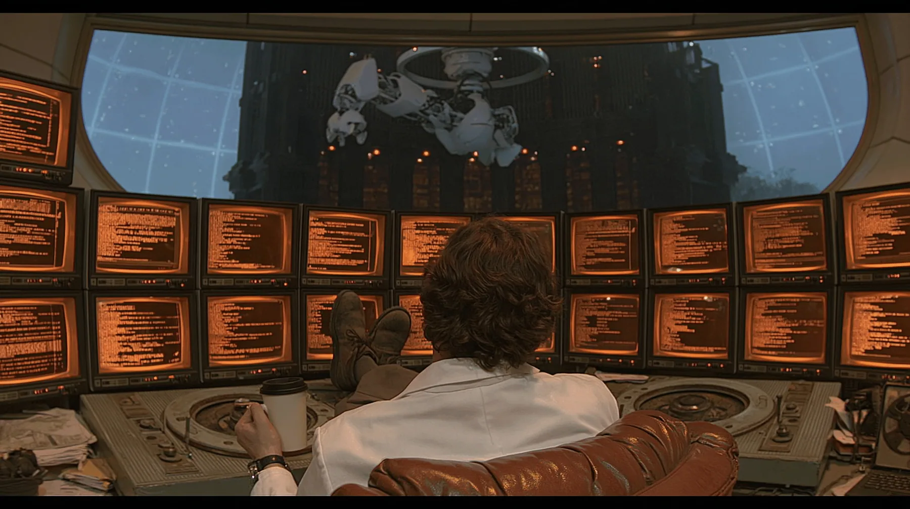 cinematic film still from behind: a curly-haired scientist in a white lab coat leans back in a leather chair, feet up on a retro control console, coffee mug in hand, facing a curved wall of amber CRT monitors full of…