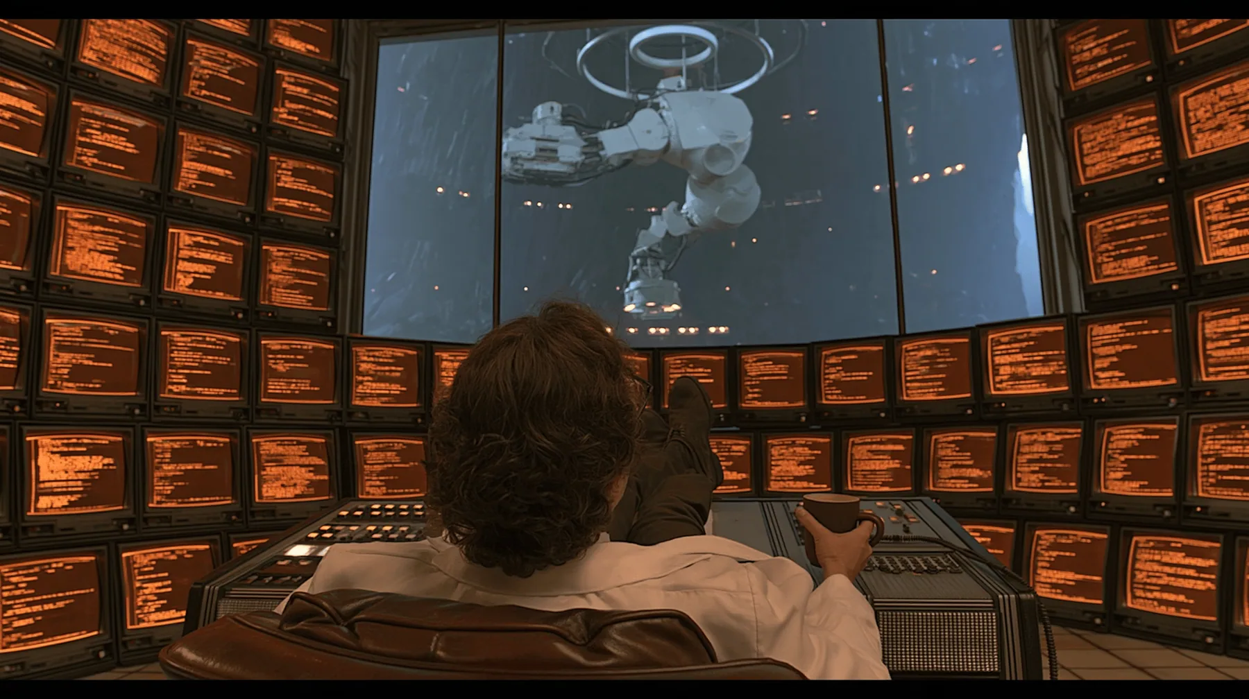 cinematic film still from behind: a curly-haired scientist in a white lab coat leans back in a leather chair, feet up on a retro control console, coffee mug in hand, facing a curved wall of amber CRT monitors full of…