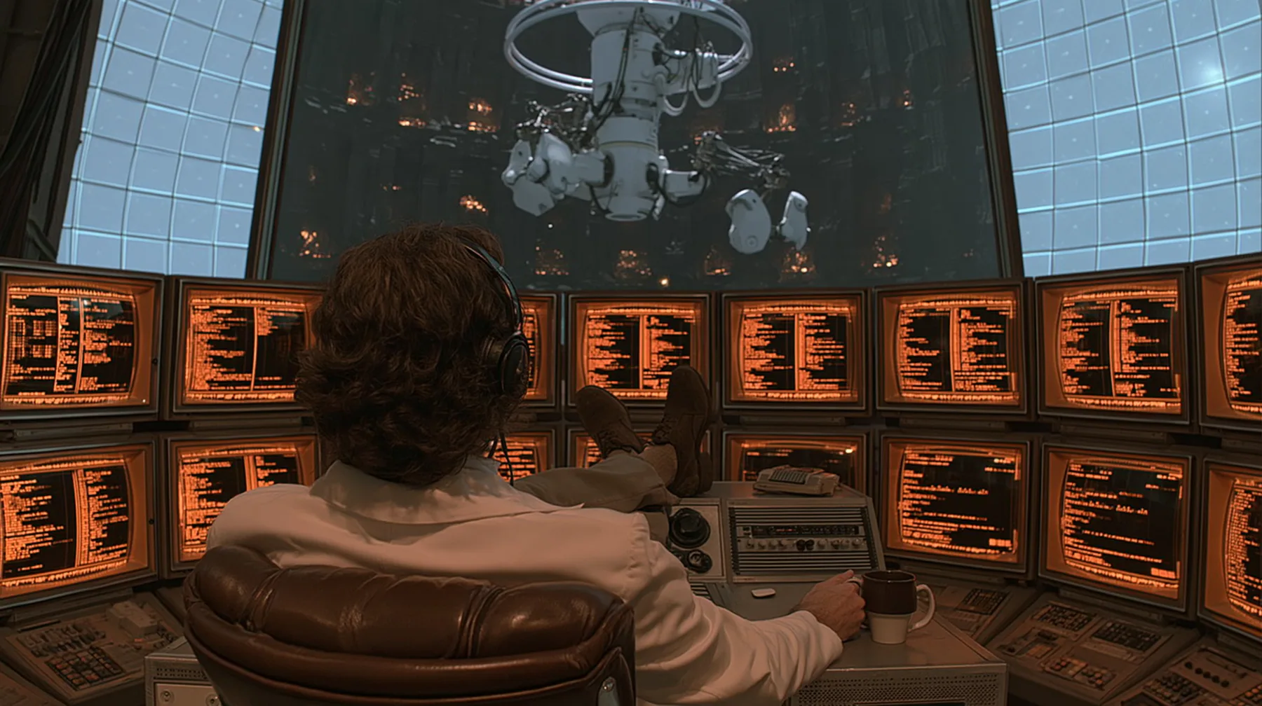 cinematic film still from behind: a curly-haired scientist in a white lab coat leans back in a leather chair, feet up on a retro control console, coffee mug in hand, facing a curved wall of amber CRT monitors full of…