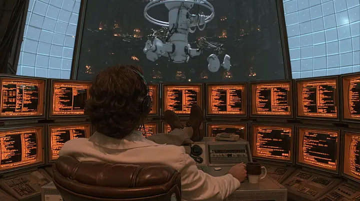 cinematic film still from behind: a curly-haired scientist in a white lab coat leans back in a leather chair, feet up on a retro control console, coffee mug in hand, facing a curved wall of amber CRT monitors full of…