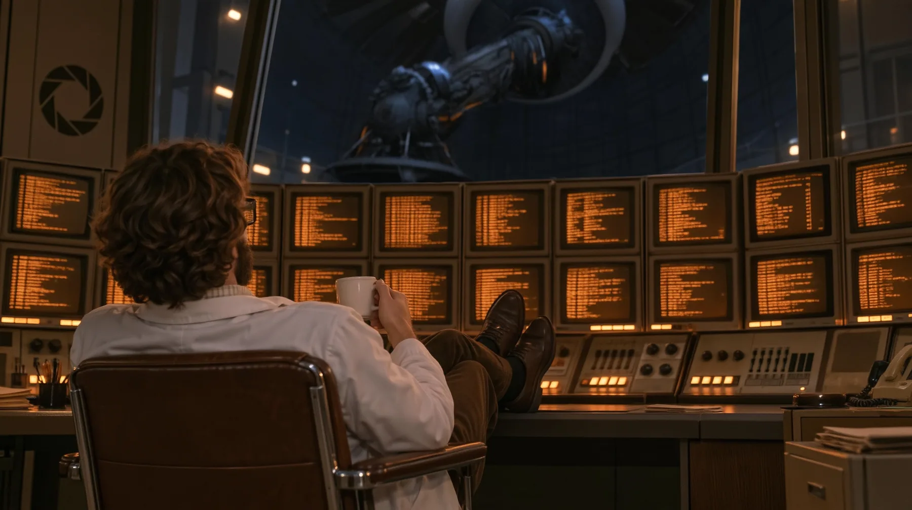 Reimagine this shot as a bold cinematic film still with a new lens, new light, depth and materials and a richer retro control room. Keep the scientist seen from behind in his chair with his coffee and his feet up,…