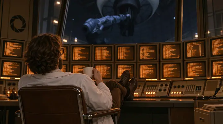 Reimagine this shot as a bold cinematic film still with a new lens, new light, depth and materials and a richer retro control room. Keep the scientist seen from behind in his chair with his coffee and his feet up,…