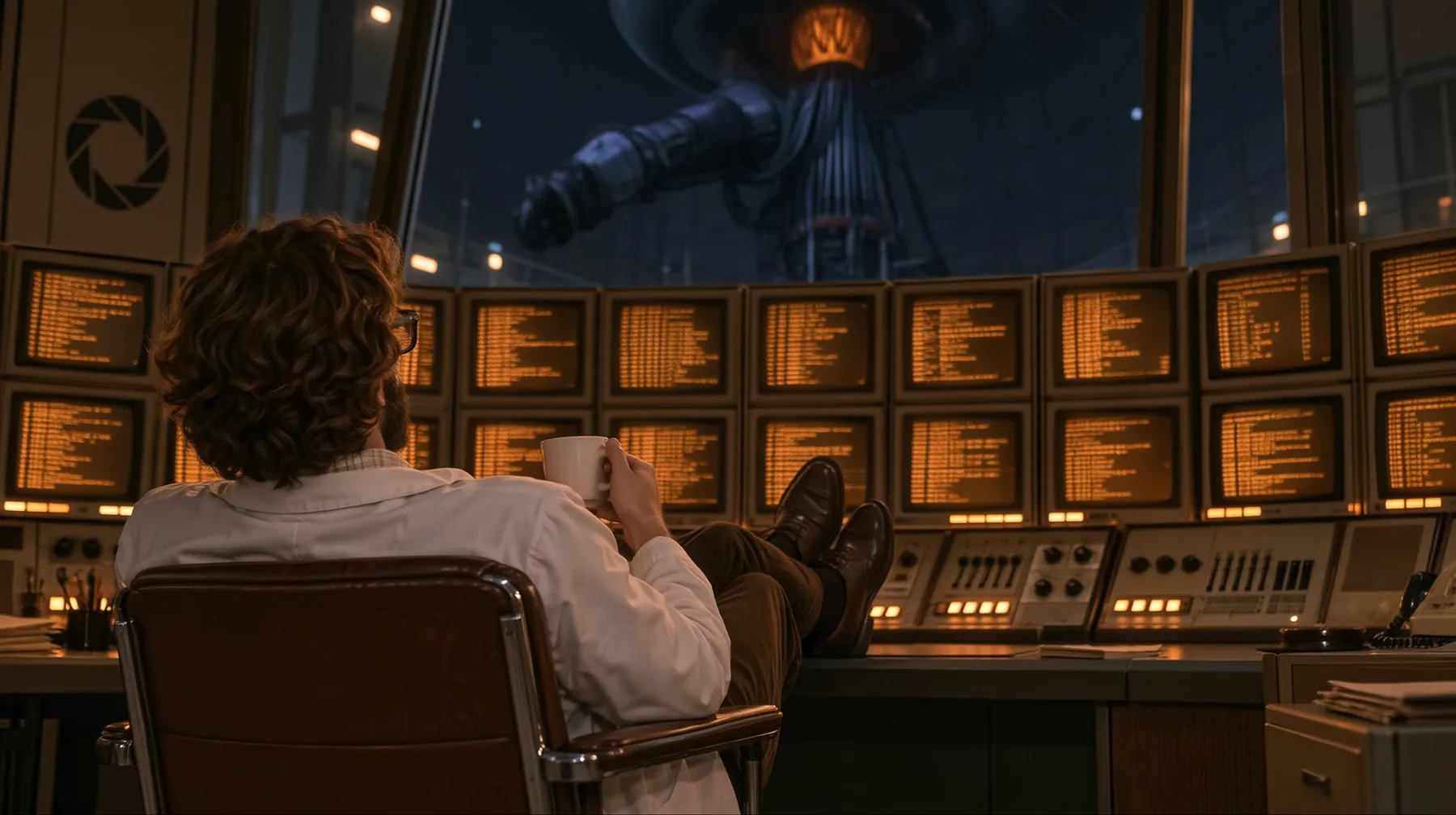 Reimagine this shot as a bold cinematic film still with a new lens, new light, depth and materials and a richer retro control room. Keep the scientist seen from behind in his chair with his coffee and his feet up,…