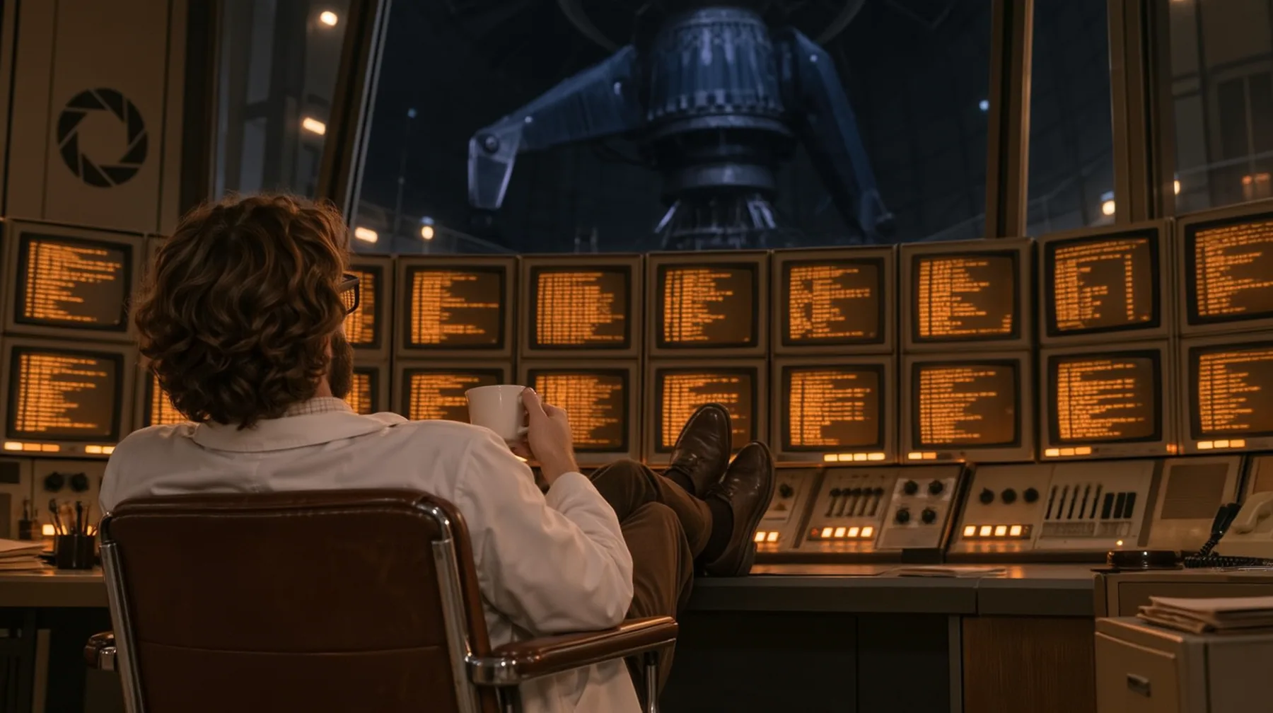 Reimagine this shot as a bold cinematic film still with a new lens, new light, depth and materials and a richer retro control room. Keep the scientist seen from behind in his chair with his coffee and his feet up,…